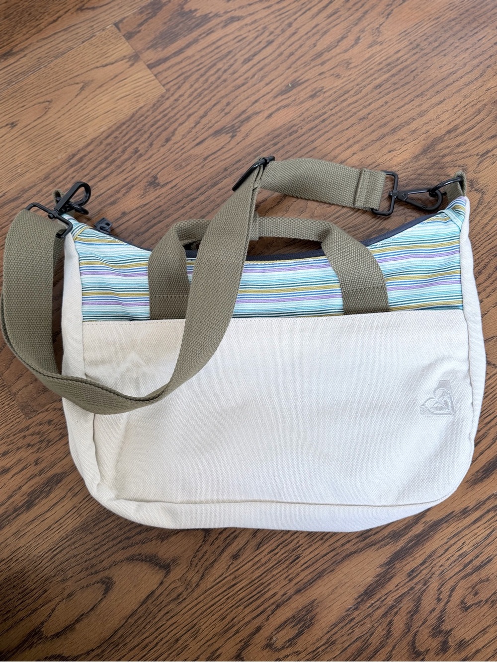 Roxy Canvas Crossbody Zipper Top Bag with Striped Accent Removable Strap